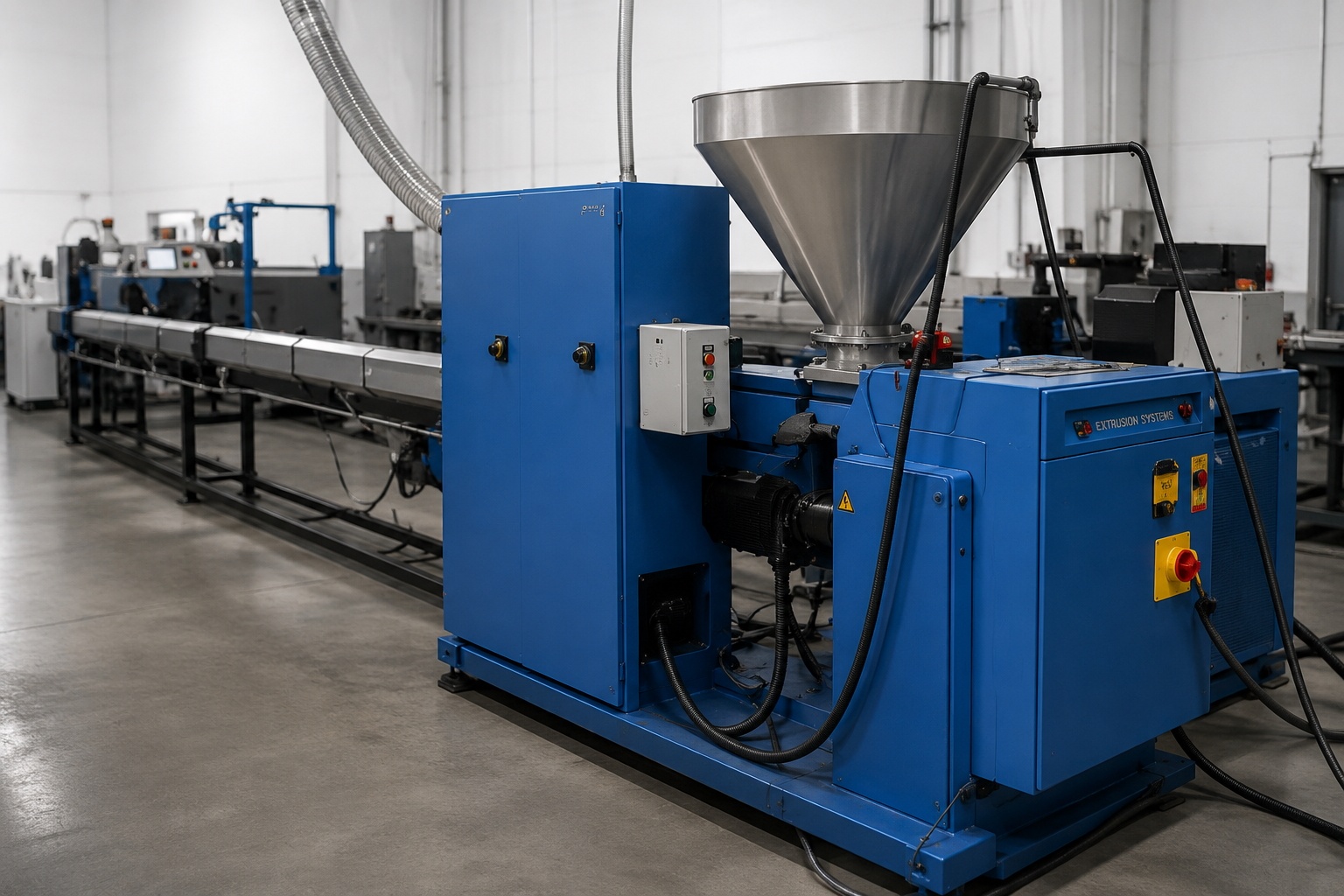 Plastic extrusion manufacturing equipment producing custom plastic profiles, tubing, weatherstripping, and sheet extrusions for OEM and industrial applications