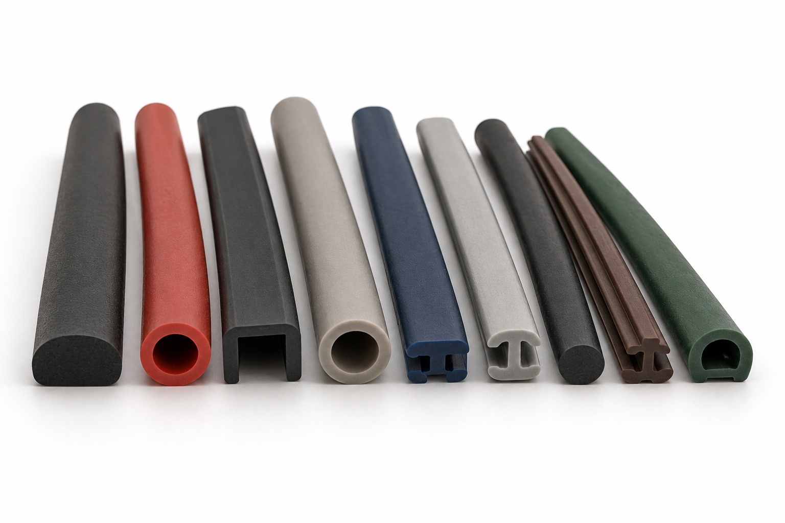 Custom flexible plastic extrusion profiles including tubing, U-channels, edge trim, and weatherstripping