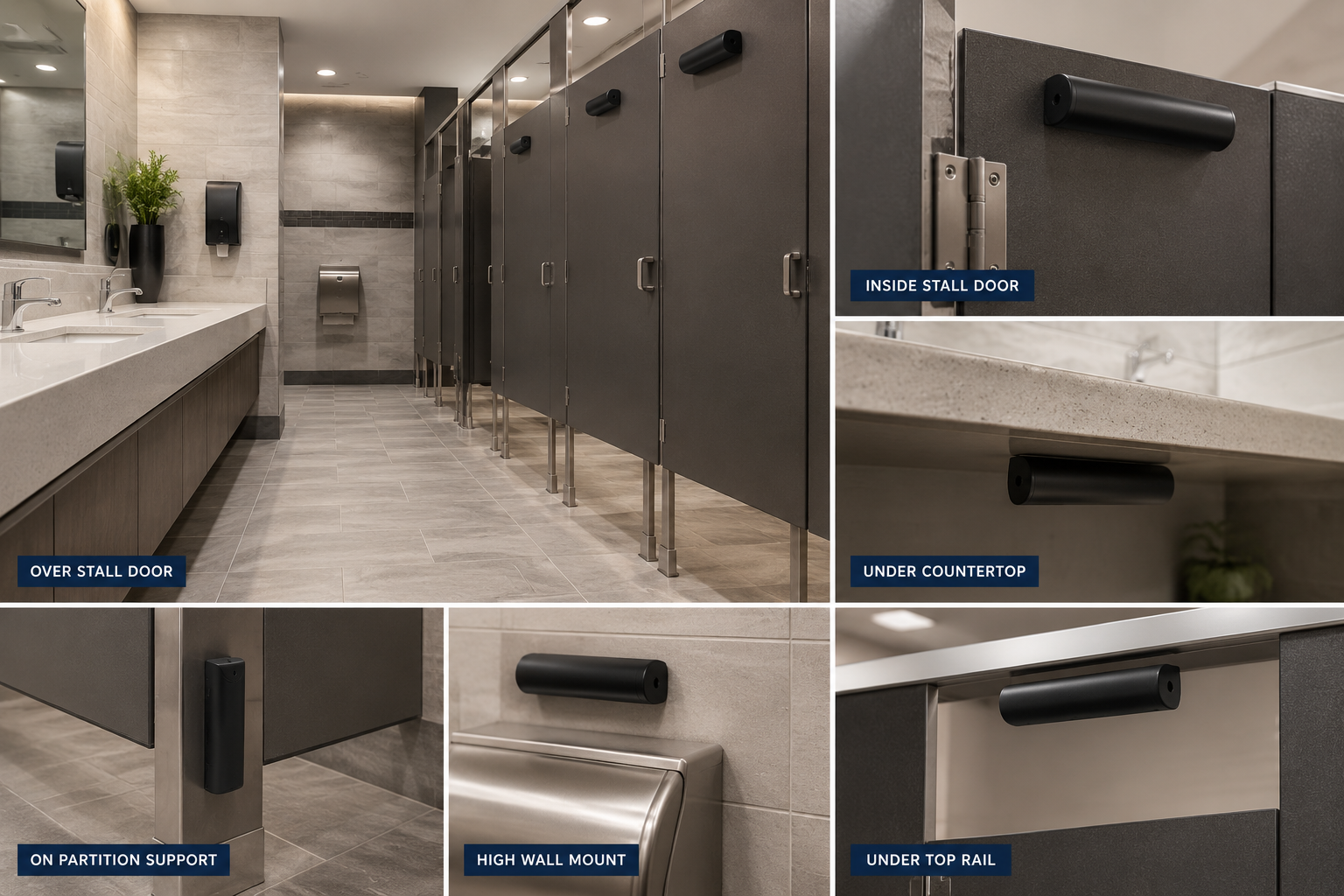 UltraScent commercial restroom fragrance stix with product image and installation examples on restroom stalls, partitions, walls, and countertops