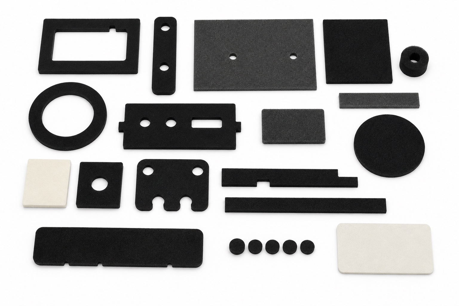 Precision die-cut foam components manufactured from open-cell and closed cell foam for cushioning, sealing, insulation, vibration dampening, packaging, and industrial applications